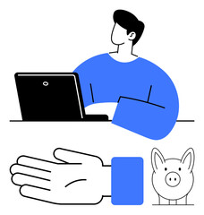 Man working on a laptop, an outstretched hand, and a piggy bank. Ideal for themes of freelancing, online work, savings, finance management, financial planning remote jobs and digital economy. Line