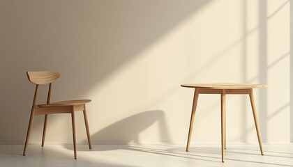 Scandinavian-inspired chair and table set, featuring light wood and simple lines, placed on a calm beige background, perfect for minimalist decor
