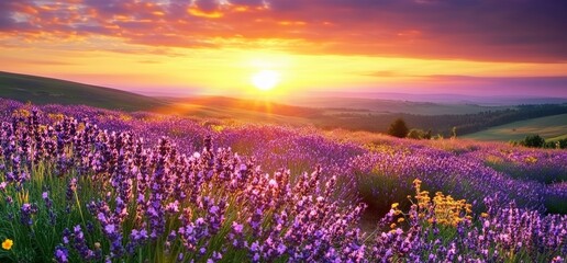 Obraz premium Stunning sunset over a serene lavender meadow with vibrant flowers and rolling hills
