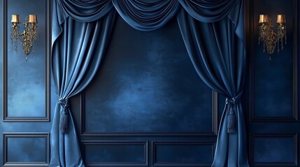 Luxurious Blue Curtains Framing an Ornate Archway with Vintage Decor for Wedding Photos, Photography Studio Backdrops, Stage Set Designs, and Zoom Virtual Meeting Backgrounds