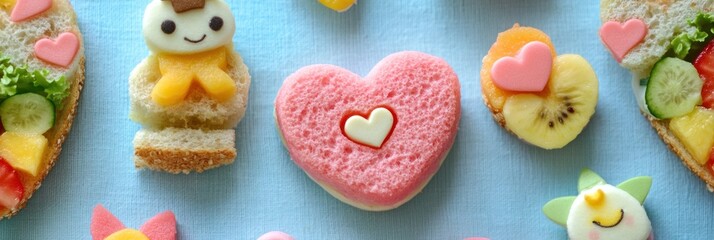 Obraz premium A colorful assortment of creatively arranged snacks and treats shaped like hearts and characters.