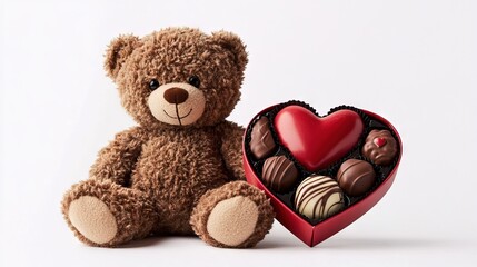 A teddy bear holding a heart-shaped box of chocolates, white background