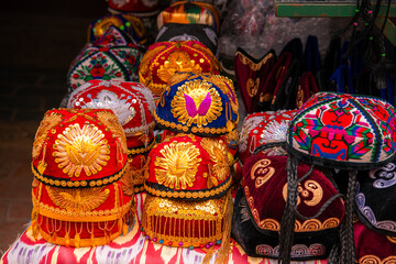 A shop selling traditional Uighur men hats on the street of Kashgar Ancient City