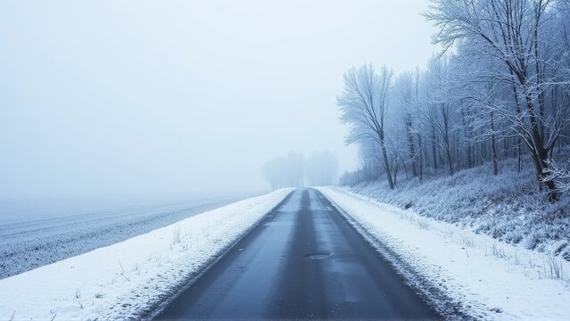 Generative AI, Winter Road Through Frosty Trees and Open Snowy Fields - Powered by Adobe