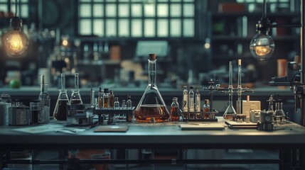 The laboratory experimental platform showcases scientific instruments such as test tubes, flasks, and microscopes, focusing on luminescent chemical reactions and advanced research equipment.