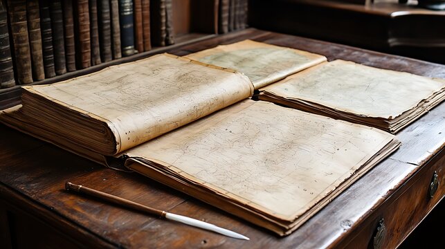 Antique books open on wooden desk, quill pen nearby.