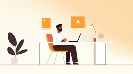A man is sitting at a desk with a laptop and a cup of coffee