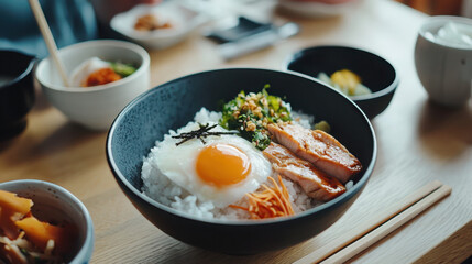 Enjoying a traditional japanese breakfast with miso rice and side dishes in a serene setting for a healthy start to your day