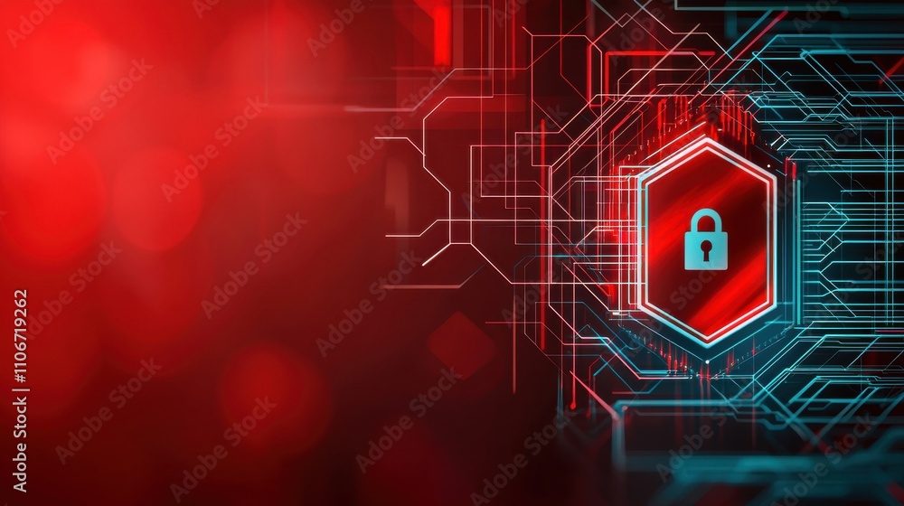 Poster a red background with a blue and green hexagon with a red lock on it