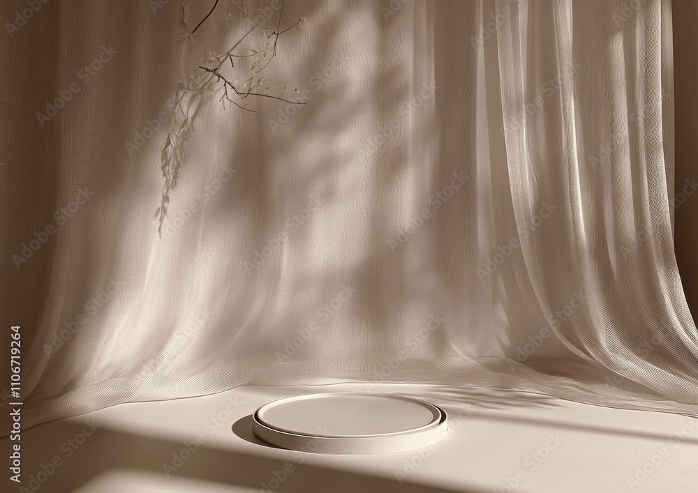 Aufkleber minimalist 3d background display with sheer curtains and nature leaf shadows for product promotion