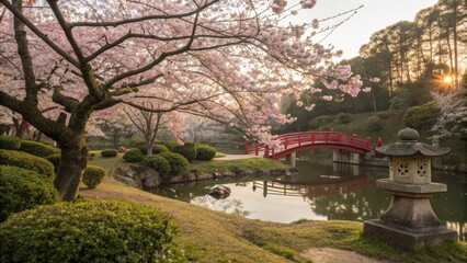 A grove of cherry blossoms in full bloom with a tranquil pond