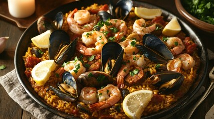 Fototapeta premium A tantalizing plate of seafood paella packed with shrimp, mussels, clams