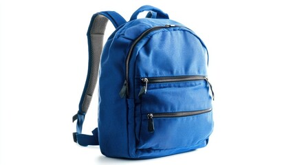 A blue backpack with multiple zippered compartments, ideal for carrying books and personal items.