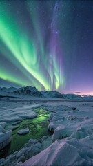 Fototapeta premium Aurora Borealis Above Icy Arctic Tundra with Green and Purple Lights