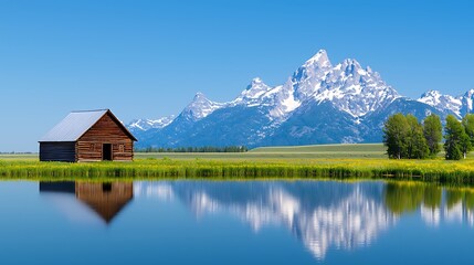 Fototapeta premium Tranquil Mountain Reflection in Clear Lake with Wooden Cabin and Blue Sky
