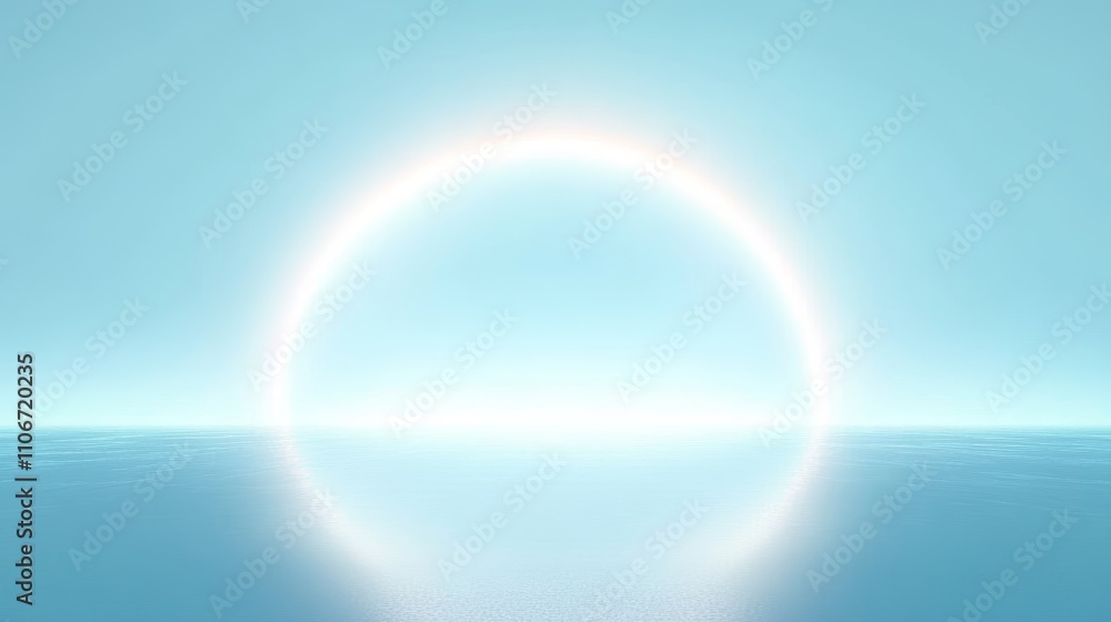 Poster minimalist light blue background with glowing circle smooth reflective surface for product presentat