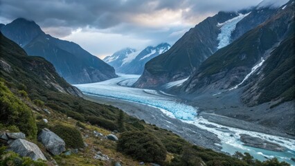 Glacial valley with towering peaks and flowing turquoise river