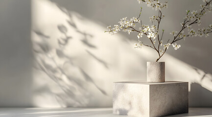 A minimalist arrangement featuring a vase with flowers casting shadows on a surface.