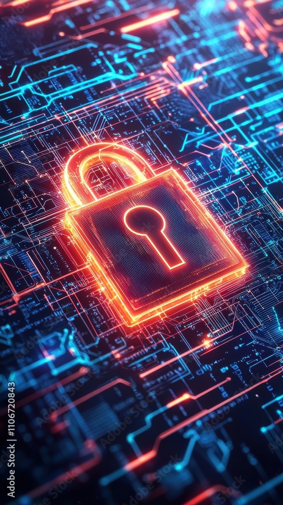 Poster a computer screen with a keypad and a lock