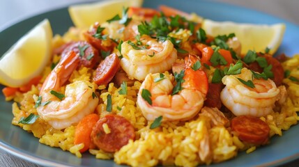 A tantalizing plate of traditional Spanish paella with saffron-infused rice, shrimp, chicken