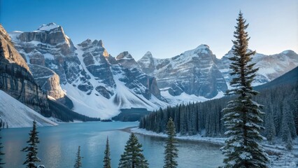 Snow-Covered Peaks and Clear Blue Sky Over Mountain Lake