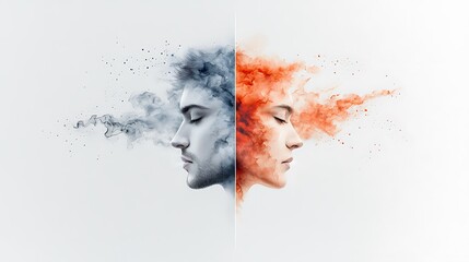 Abstract watercolor portrait, a split face design uniting geometric patterns in soft blues with fiery red splashes and dynamic swirls, merging with steam and high-contrast light. Visible wet-in-wet 