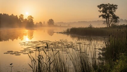 Sunrise Through Fog Over Tranquil Lake with Lush Surroundings