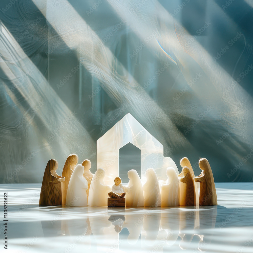 Poster creating a tranquil scene with simplified sculptural nativity figures in a hazy blurred composition