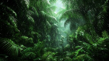 Obraz premium Lush Green Rainforest with Dense Foliage and Rainfall Creating a Tranquil Atmosphere