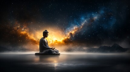 Front view of a meditating Buddha statue, set against a vast universe filled with vibrant stars, intricate details of celestial bodies, cool-tone soft lighting, surreal symmetry, ultra-realistic, 