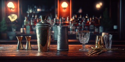 A stylish bar setup featuring various cocktail tools and glassware.