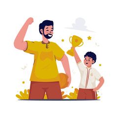 Illustration of celebrating victory with teacher giving support and student lifting trophy