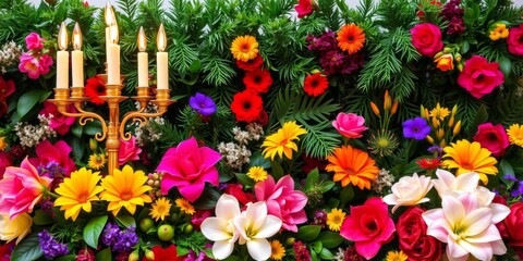 Obraz premium Vibrant candelabra surrounded by colorful foliage and flowers, ideal for festive occasions, invitations, greeting cards, occasions, colorful