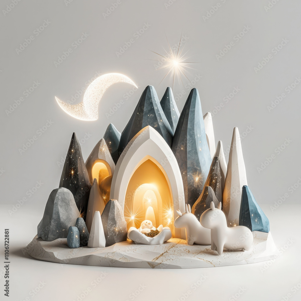 Poster creating whimsical sculptural nativity figures in a soft muted color palette for a cozy home environ