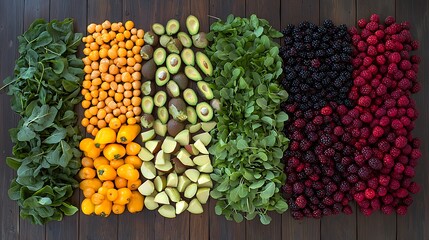 Colorful assortment of fresh fruits and vegetables arranged on a wooden surface.