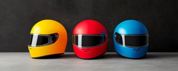 Fiberglass and innovation concept. Colorful racing helmets arranged in a row against a dark background.