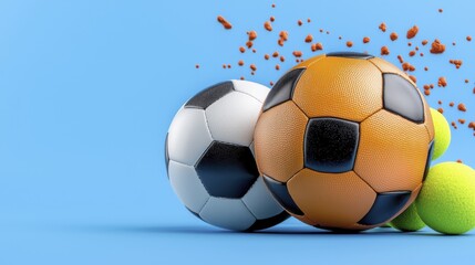 Fototapeta premium Soccer Balls, Tennis Balls, Sports, Blue Background | Minimalist de...