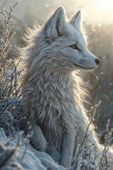 Obraz premium A stunning depiction of an Arctic fox basking in the soft winter sunlight, its thick white fur blending seamlessly with the frosted surroundings 