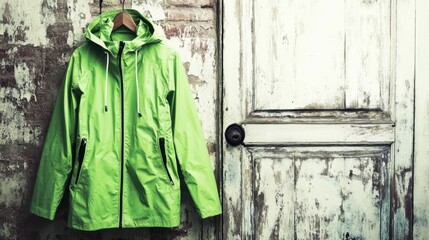 Naklejka premium Bright Green Raincoat Hanging on Wooden Background