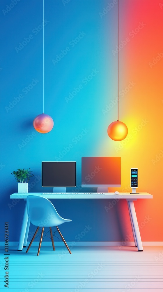 Poster a computer desk with three monitors and a keyboard