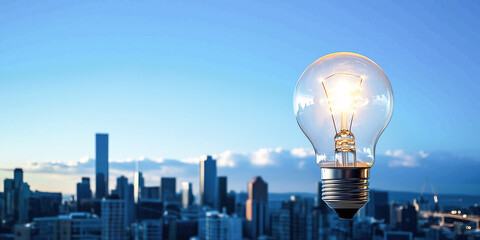 Glowing light bulb symbolizes innovation against vibrant city skyline at dusk
