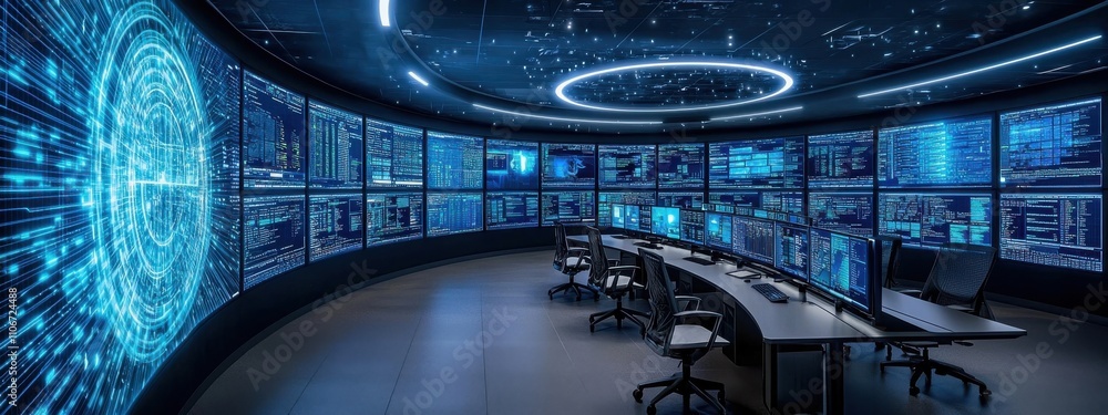 Aufkleber there are three monitors on the desk, each displaying different information