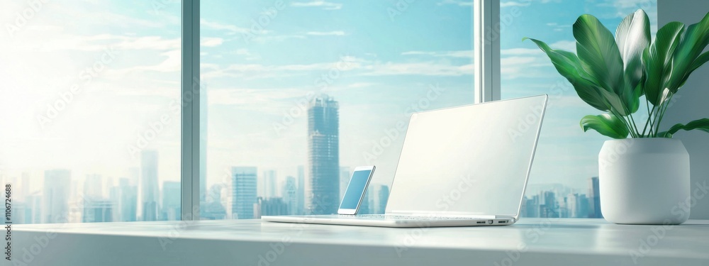 Poster a laptop and a cell phone are on a desk in front of a window