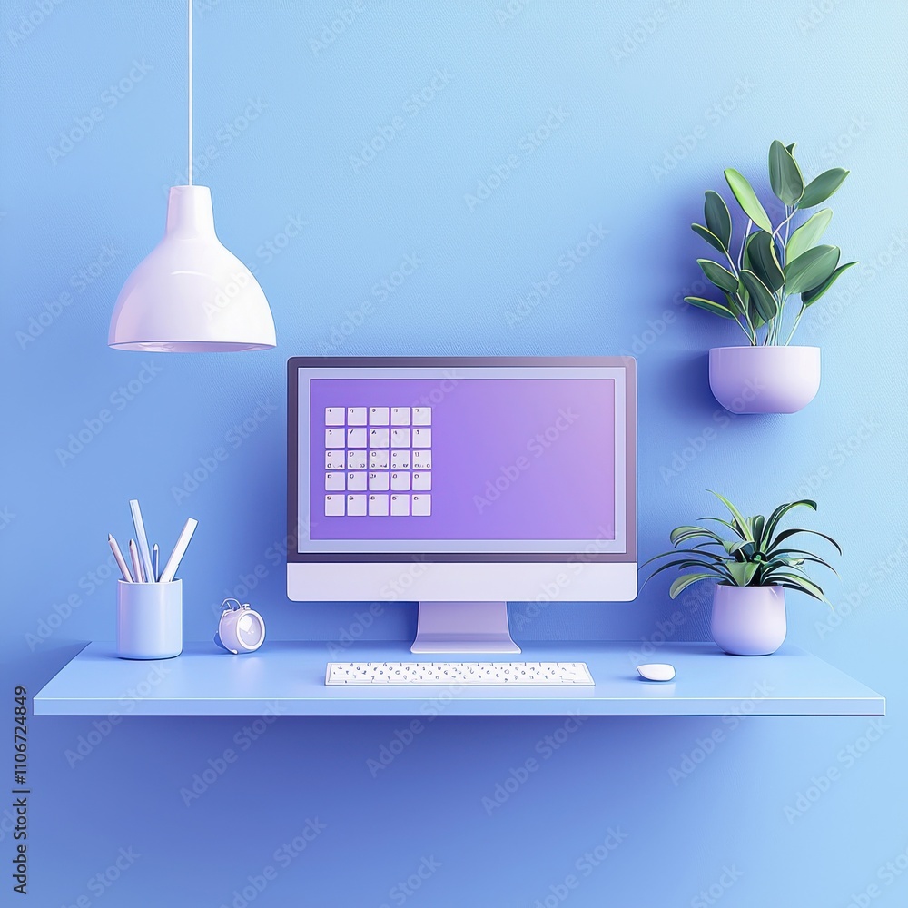 Poster a computer monitor is on a desk with a keyboard and mouse