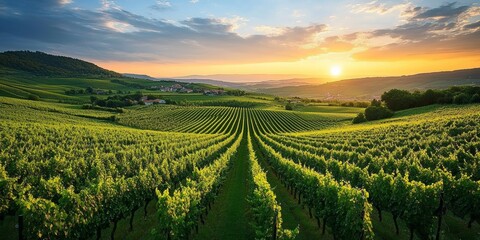 Naklejka premium Vineyard Landscape at Sunset with Rolling Hills and Village in Distance