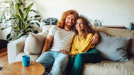 Obraz premium Happy couple cuddling on couch in cozy living room comfortable home lifestyle