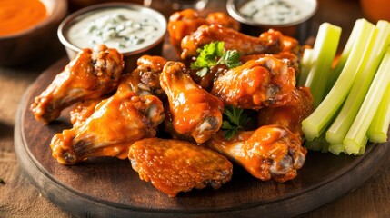 Fototapeta premium A tantalizing platter of buffalo chicken wings served with celery sticks and blue cheese dip, Wing platter centered, Warm ambient lighting creating a cozy atmosphere