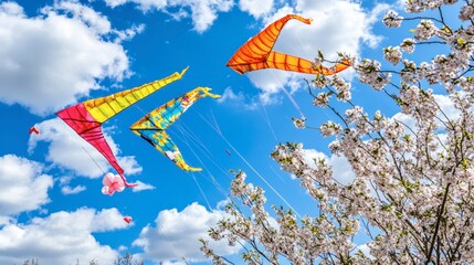 Colorful Kites in Spring Festival with Cherry Blossoms