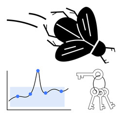 Buzzing fly rising data graph with blue points and keys symbolize success strategies, growth, transformation, opportunity, curiosity, and knowledge. Ideal for business, inspiration. Line metaphor