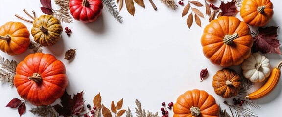 Autumn-themed arrangement of pumpkins and leaves on a white background, evoking a warm and festive seasonal atmosphere.